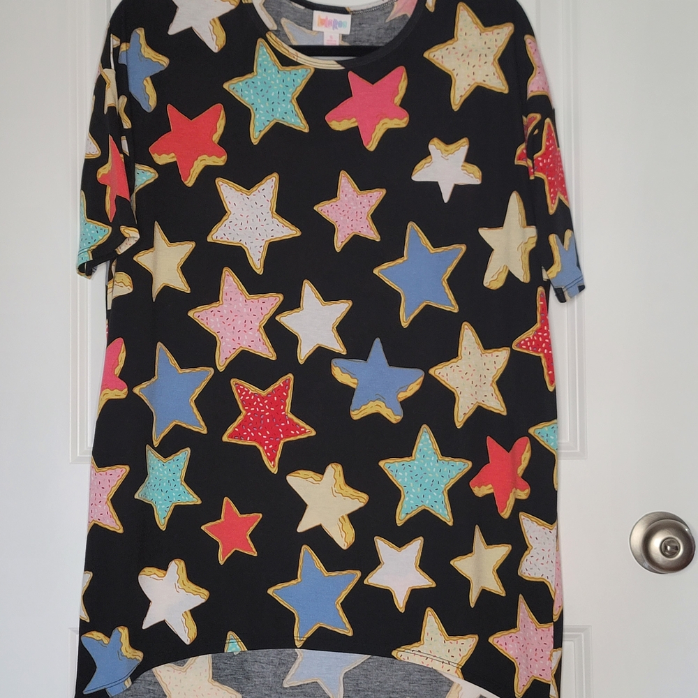 LuLaRoe Cookie Star Patterned Irma Tunic - Black, Red, Blue, Tan